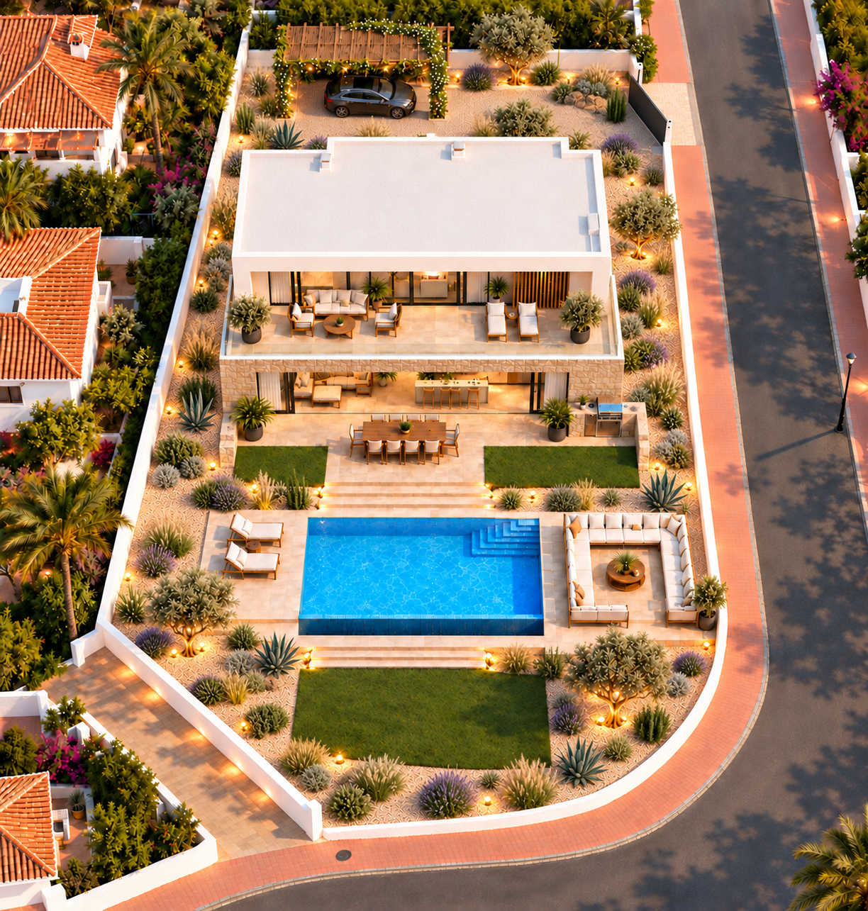 Visualisering av den nybyggda villan i Ciudad Quesada med pool och trädgård